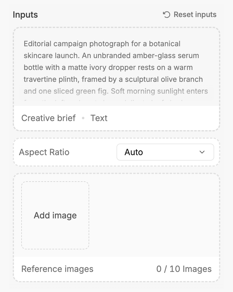 Creative brief, aspect ratio, and reference image controls in the Botanical Campaign recipe